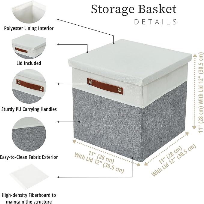 DECOMOMO Storage Basket with Lid, Storage Cubes with Handles, Fabric Box with Lid (Grey and White, 11” / 3 Pack)-NeatNest