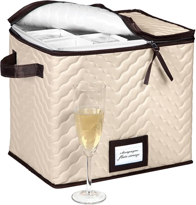 Champagne Flute Glass Storage Box with Dividers - Holds 12 Champagne Flute Glass up to 3" Wide - Stemware Storage Case - Protects Fine China - Durable Quilted Microfiber Bin with Carry Handles-NeatNest