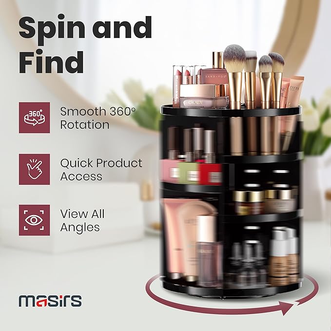 360 Rotating Makeup Organizer - Adjustable Shelf Height and Fully Rotatable. The Perfect Cosmetic Organizer for Bedroom Dresser or Vanity Countertop. (Black)-NeatNest