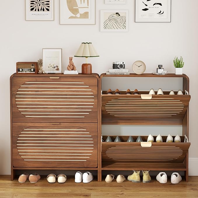 Narrow Shoe Storage Cabinet for Entryway with 2 Flip Drawers, Curved Edge Shoe Cabinet with Arched Stripe Panel, Freestanding Wood Shoe Organizer Closed Shoe Rack for Hallway, Foyer(Walnut)-NeatNest