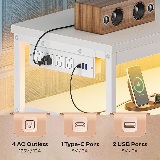 Huuger LED TV Stand for Bedroom, 55 Inch Fabric Dresser with Power Outlets, Entertainment Center for 60, 55, 50 Inch TV, 6 Drawer Dresser for Bedroom, Chest of Drawers with Shlef, PU Leather, White-NeatNest