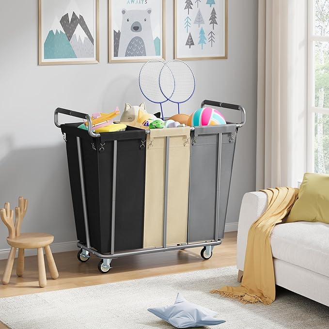 Large laundry hamper with Wheels, 360L 3 Bag Big Rolling Laundry Hamper Sorter Cart, Extra Large Laundry Clothes Hamper, Heavy Duty Laundry Basket Organizer for Laundry Room,Bathroom