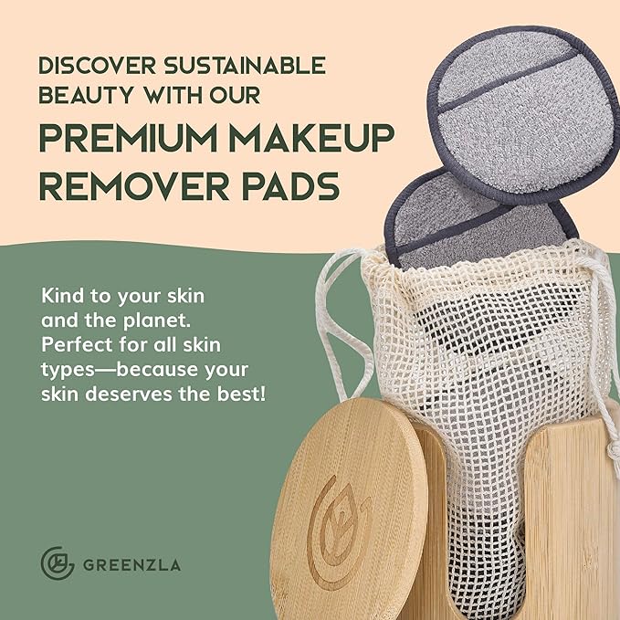 Greenzla Reusable Makeup Remover Pads Premium Set, 12 Pack Microfiber Cotton Pads, Charcoal Cotton Rounds, Bamboo Terry Face Wipes for All Skin Types with Mesh Laundry Bag and Bamboo Storage-NeatNest