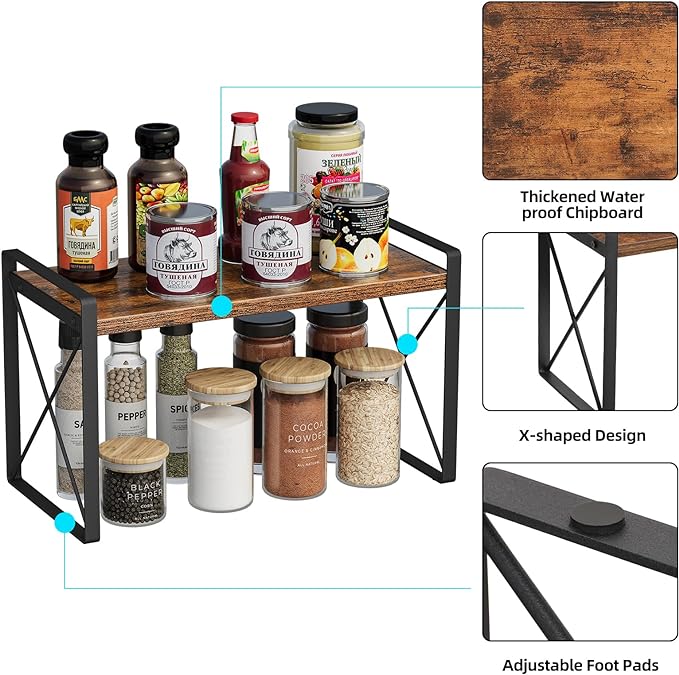 Giikin Countertop Shelf Organizer, Cupboard Stand Spice Rack, Retro Style Cabinet Shelf for Pantry, Kitchen, Bathroom, Reading Room, Bedroom to Save Space (7.8" D x 15.7" W x 9.4" H, Rustic Brown)-NeatNest