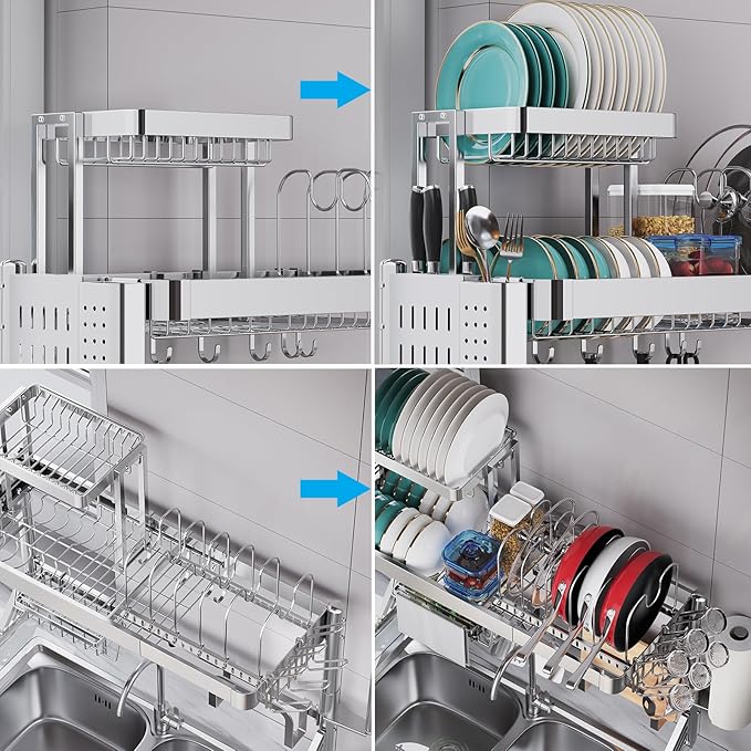 Over Sink Dish Drying Rack, Upgrade 2.5-Tier 304 Stainless Steel Dish Rack Adjustable Length with Pots and Pans Rack, Modern Over The Sink Dish Drainer Rack for Kitchen Storage Counter Organizer