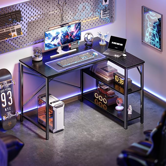 Huuger L Shaped Desk, 39 Inches Computer Desk with Reversible Storage Shelves, Gaming Desk, for Corner Home Office Writing Study, Metal Frame, Black-NeatNest