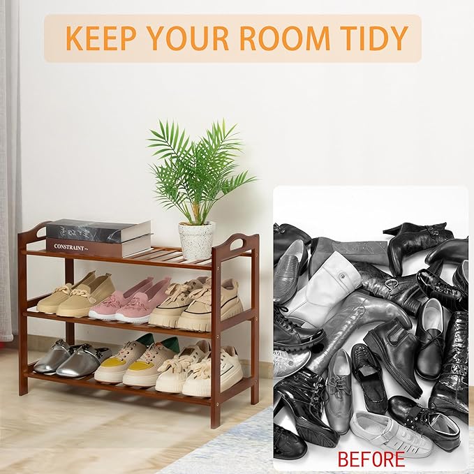 3 Tier Bamboo Shoe Rack, Shoe Shelf Shoes Rack Shoe Organizer for Closet, Entryway, Bedroom, Living Room, Front Door, Studio, Bathroom-NeatNest
