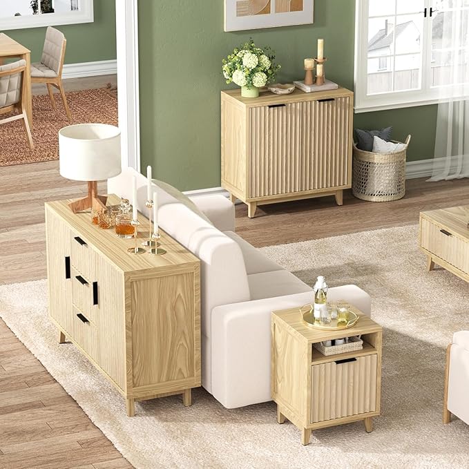 Fluted Cabinet with Storage, 2 Doors Sideboard Buffet, Mid Century Modern Accent Cabinet with Adjustable Shelves, Multifunctional Console Table with Storage for Living Room, Kitchen, Entryway