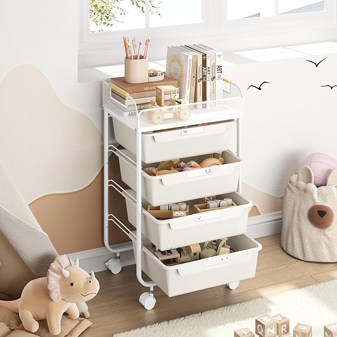 Rolling Utility Storage Cart with 4 Drawers - 4 Tiers Rolling Cart Craft Cart, Storage Drawer Cart Organizer for Craft Room Office Bedroom Classroom with Mesh Top & 4 PCS DIY Lable, White