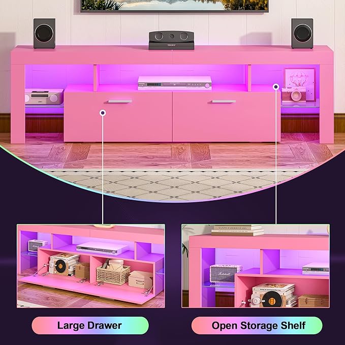Clikuutory Modern Lighting 63 inch TV Stand with Large Storage Drawer for 50 55 60 65 70 75 Inch TVs, TV Console with 20 Color LED Lights, Entertainment Center Media and Open Shelf for Bedroom, Pink-NeatNest