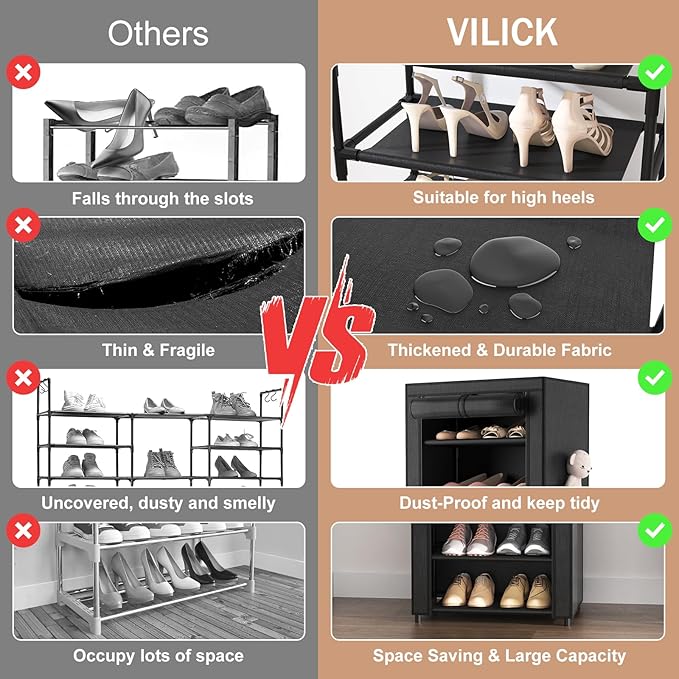 Shoe Rack with Cover Narrow Shoe Organizer with 4 Side Pockets 10 Tier Tall Shoe Storage Holds 18-22 Pairs Shoes and Boots Shoe Rack for Closet Entryway Garage-NeatNest