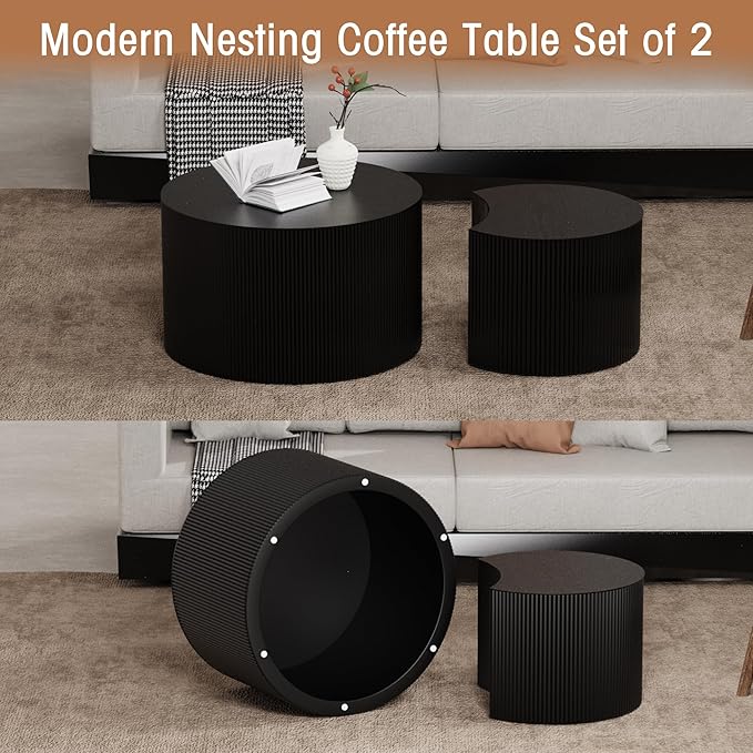 Round Nesting Coffee Table Wood Drum Nesting Tables Modern Stacking Coffee Table Set of 2 Fluted Center Table End Table for Living Room Home Office Small Spaces, No Assembling (Black Crescent)