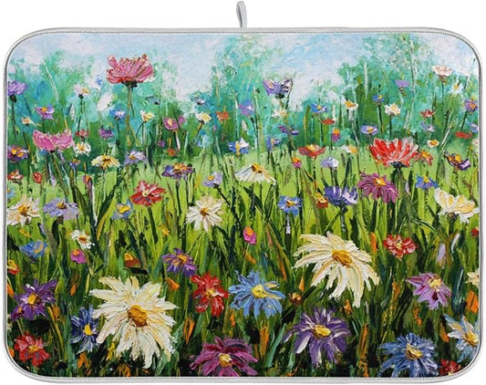 Absorbent Dish Drying Mat for Kitchen Counter - Oil Painting Flowers Microfiber Drying Pad, Reversible Drainer Mats for Countertop, Large 18" x 24"