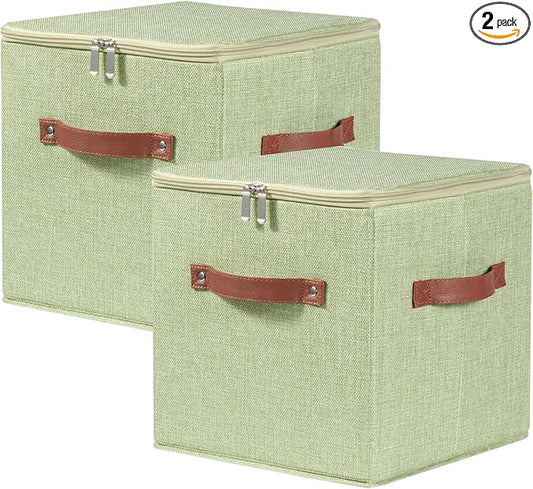 2PCS Storage Cubes with Lid Fabric Storage Bins Boxes PU Leather Handles Cotton Linen Closet Organizer Container Decorative Foldable Washable Shelf Cloth Basket (Zipper Lid, Green, 11in)-NeatNest