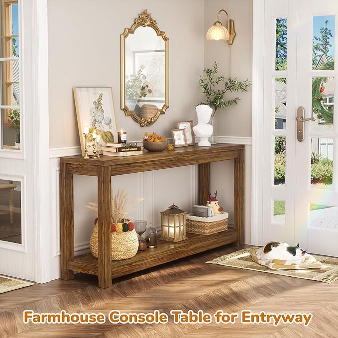 47" Farmhouse Wood Entryway Table Narrow Console Table with Storage Behind Couch Sofa Table with Shelves Entry Way Table with Open Storage, Easy Assembly, Rustic Brown-NeatNest