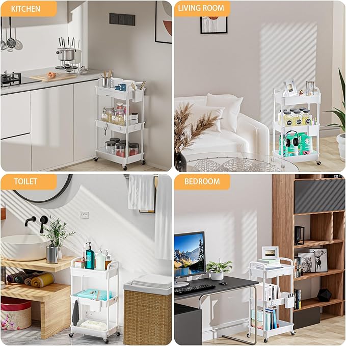 3 Tier Rolling Utility Cart with Drawer,REBECAT Utility Cart Made of Multifunctional Storage Organizer Tool for Kitchen,Bathroom,Living Room,Office(White)-NeatNest