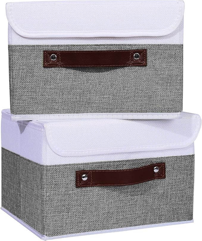 ANMINY 4PCS Storage Boxes with Lid Washable Decorative Storage Bins Basket with PU Leather Handle Foldable Linen Fabric Storage Cubes Containers for Home Closet Organizer - Gray White, Small Size-NeatNest
