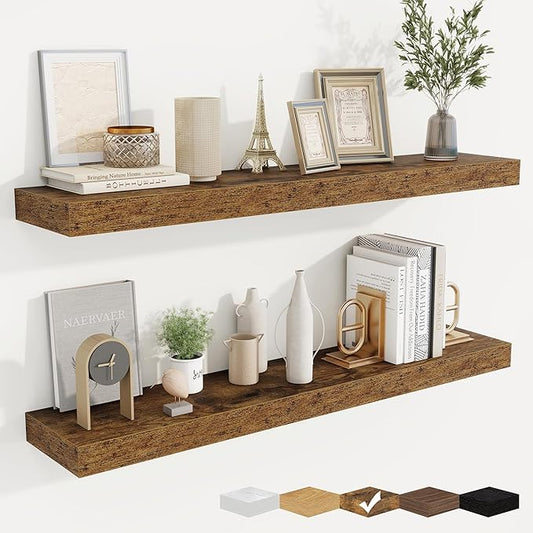 fuqing Floating Shelves for Wall, Bathroom Shelf Wall Mounted for Storage, Shelves with Invisible Bracket for Bedroom, Kitchen, Living Room, Farmhouse Small Book Shelf, 40 Inch Set of 2, Rustic Brown-NeatNest