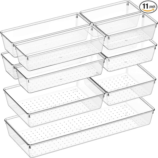 Criusia 11 PCS Clear Plastic Drawer Organizer Set - 5 Large Size Versatile Kitchen and Bathroom Organizer Trays, Non-Slip Storage Bins for Makeup, Utensils, Tool and Office Desk-NeatNest