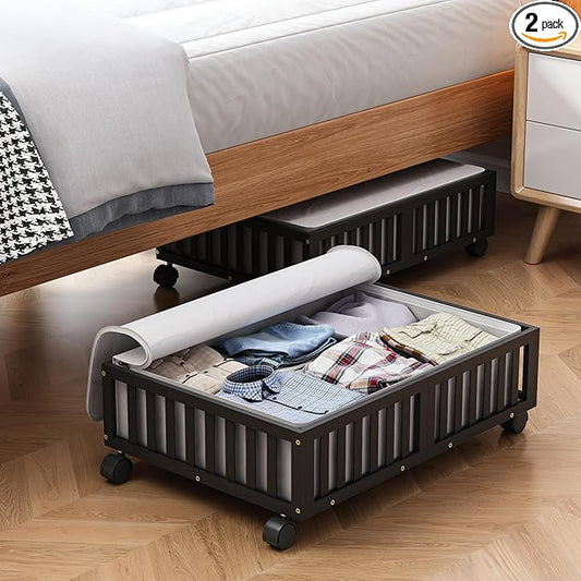 Bamboo Under Bed Storage Containers with Wheels, 2 Pack Under the Bed Shoe Storage Bins, Wood Rolling Underbed Drawers Organizer for Bedroom, Closet, Clothes Blanket Comforter and Under Crib Toy Black-NeatNest