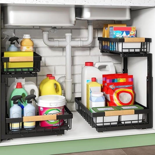 Under Sink Organizer, 2 Packs 2 Tier Under Sink Organizers and Storage, Slide out Pull out Cabinet Organizer Shelf, Metal Sliding Drawer for Kitchen Bathroom Pantry Cabinet Closet Organization Rack-NeatNest