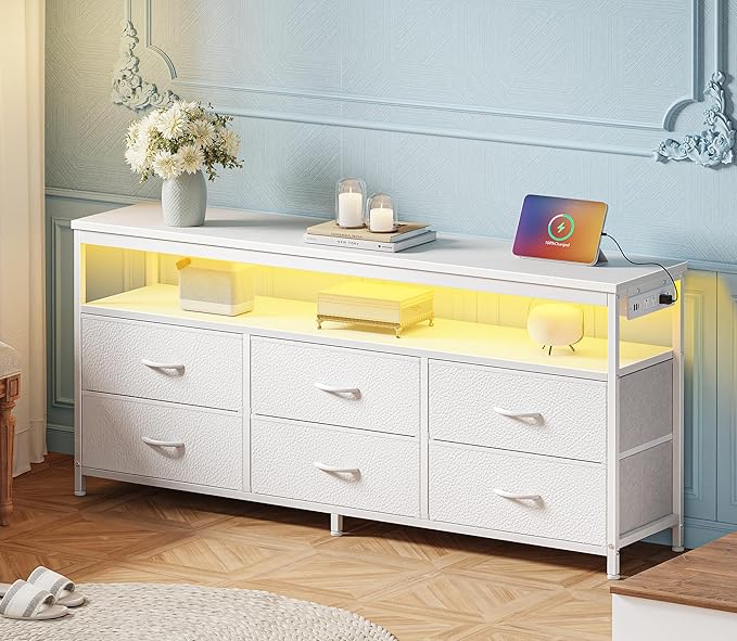 Huuger LED TV Stand for Bedroom, 55 Inch Fabric Dresser with Power Outlets, Entertainment Center for 60, 55, 50 Inch TV, 6 Drawer Dresser for Bedroom, Chest of Drawers with Shlef, PU Leather, White-NeatNest
