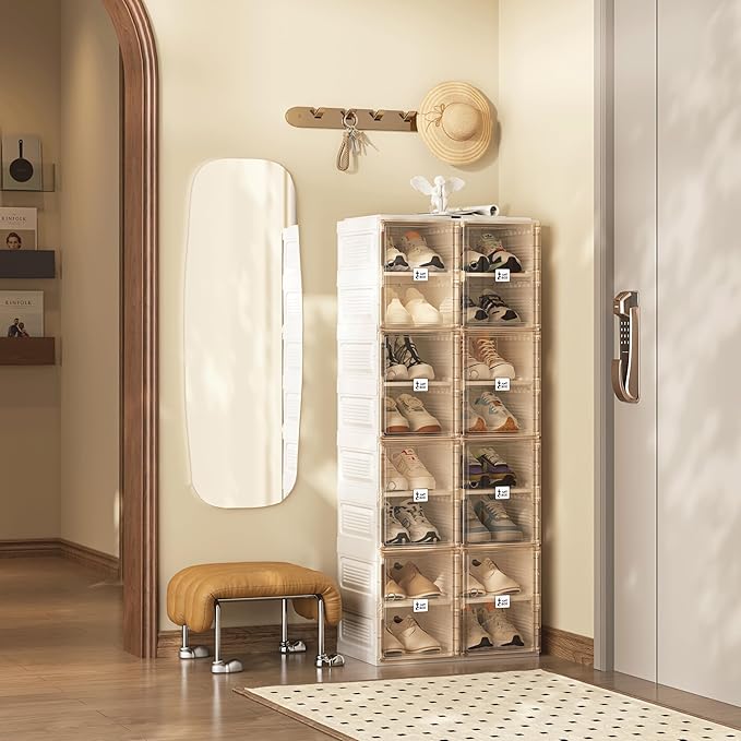 ANTBOX Shoe Organizer Storage Box, Portable Folding Shoe Rack For Closet With Magnetic Clear Door,Large Sneaker Cabinet Bins Sturdy Easy Assembly 8 Layers-16 Grids-NeatNest