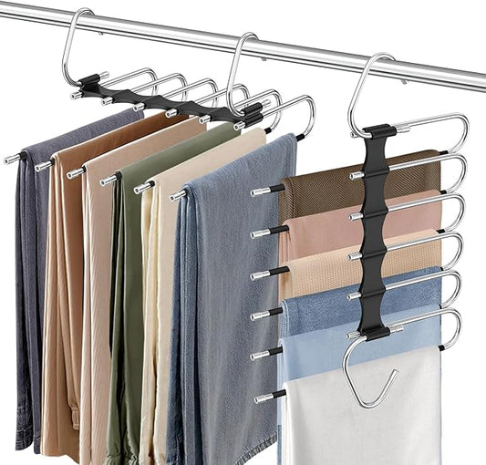 Upgrade 6 Layers Pants Hangers Space Saving, 2 Pack Stainless Steel Multifunctional Rack Non Slip S-Type Pant Closet Organizer Saver for Leggings Jeans Trousers Scarf, Black-NeatNest