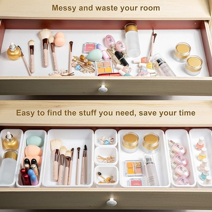 BYCY 18 Pcs White Drawer Organizers Trays Set Drawer Dividers for Kitchen Office Bathroom, Interlocking Bin Pack (18 Pieces)-NeatNest