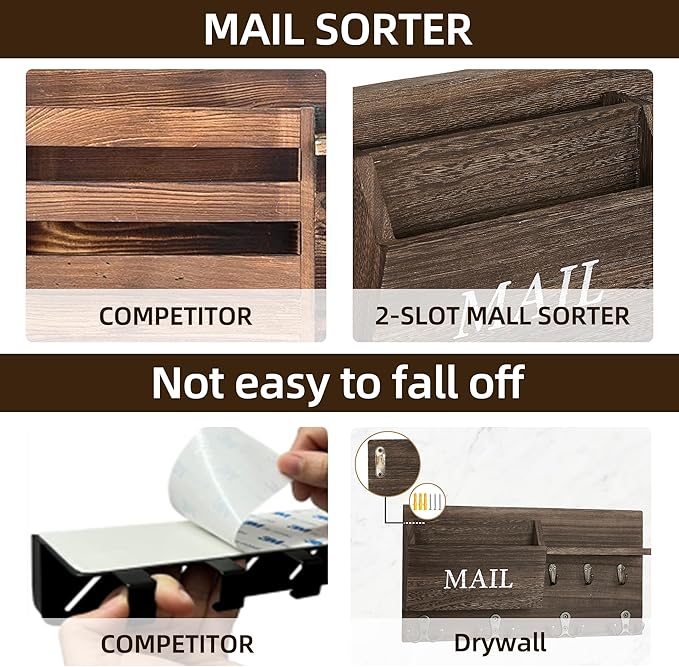 Key Holder for Wall, Mail and Key Hanger Wall Mount with Double Key Hook and Wall Coat Rack Shelf Decor,Key Organizer Suitable for Entryway, Hallway, Dog Leashes,Kitchen and Living Room(Brown)