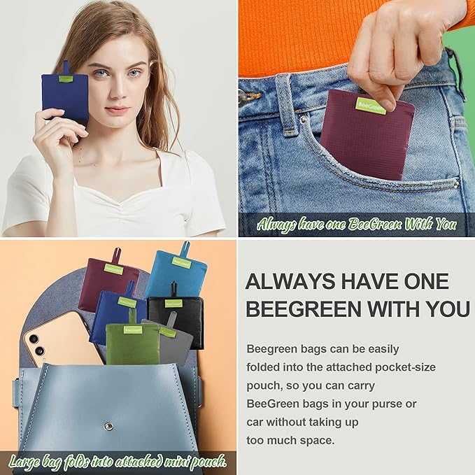 BeeGreen Reusable Bags Tote Bags for Women - 6 Pack Bulk Extra Large Reusable Gifts Bag with Handles - Heavy Duty Foldable Machine Washable Travel Grocery Bag Organizer (Packable Shopping Bags)-NeatNest