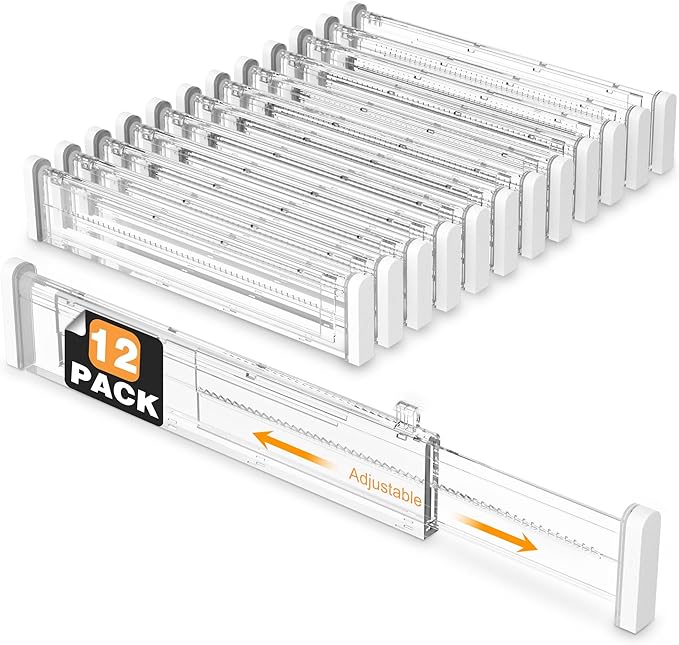 HiYZ Expandable Drawer Dividers - 12.6-22.8'' Adjustable Drawers Organizers for Kitchen Utensils, Drawer Separators in Bedroom, Dresser, Office, Bathroom, Fridge, 12 Pack Long Dividers-Clear-NeatNest