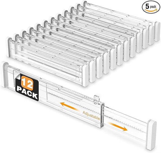 HiYZ Expandable Drawer Dividers - 12.6-22.8'' Adjustable Drawers Organizers for Kitchen Utensils, Drawer Separators in Bedroom, Dresser, Office, Bathroom, Fridge, 12 Pack Long Dividers-Clear-NeatNest