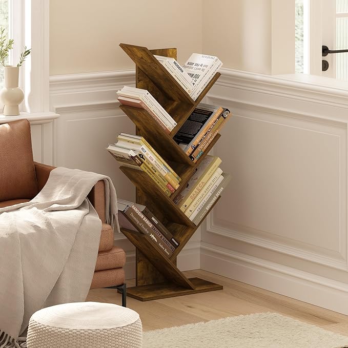 Furinno Tree Bookshelf 7-Tier Floor Standing Tree Bookcase, Amber Pine-NeatNest