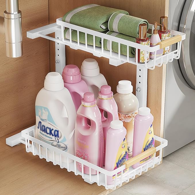 2 Tiers Under Sink Organizers, 2 Pack Metal Kitchen Storage Shelf, Pull Out Sink Storage Rack, Multi-purpose Under Sink Shelf Organizer for Under Sink Cabinet Bathroom Kitchen (White)-NeatNest