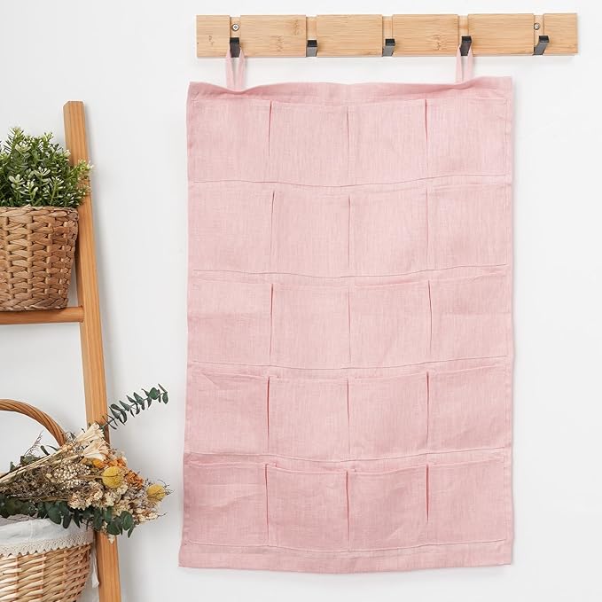 100% Linen Hanging Storage Bag with 20 Pockets, Wall Hang Over The Door Closet Organizer for Socks Underpants, Pink