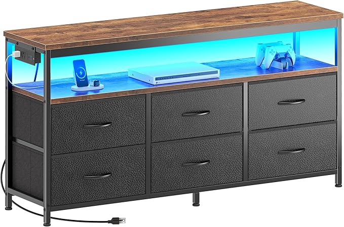 Huuger LED TV Stand for Bedroom, 47 Inch Dresser TV Stand for 43, 50, 55 Inch TV, Rustic Black TV Stand with Storage, Entertainment Center with Power Outlets, 6 Drawer Fabric Dresser for Living Room-NeatNest