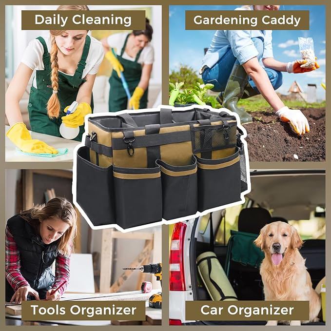 Wearable Cleaning Caddy Organizer with Handle & Shoulder Straps for Housekeepers, Under Sink & Car Cleaning Tool Organizer Bag with 4 Foldable Dividers (Tan)