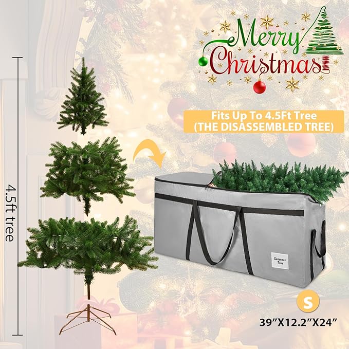 4.5 ft Christmas Tree Storage Bag, Heavy Duty Christmas Tree Bag with Reinforced Handles and Dual Zippers Wide Opening, Large Capacity fits for Artificial Christmas Tree (Grey, 4.5 ft)-NeatNest