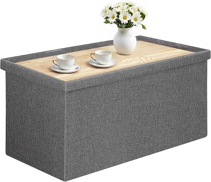 30 Inch Folding Storage Ottoman with Reversible Lid Coffee Table, Linen Fabric Multi-Functional Foot Rest & Seat for Living Room, Bedroom Grey
