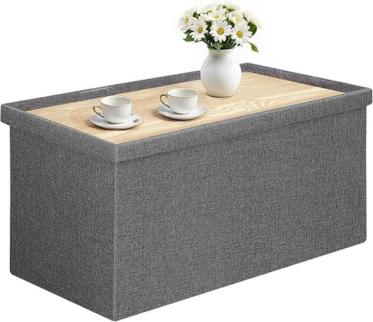 30 Inch Folding Storage Ottoman with Reversible Lid Coffee Table, Linen Fabric Multi-Functional Foot Rest & Seat for Living Room, Bedroom Grey