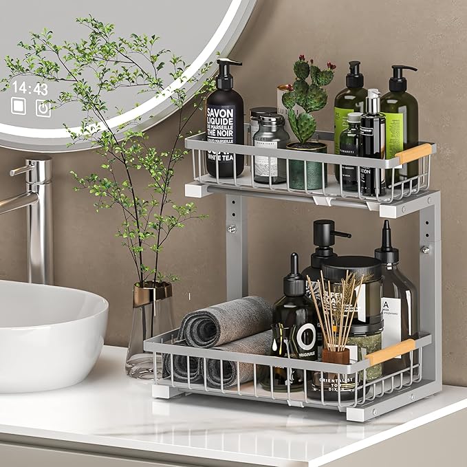 Under Sink Organizer Storage 2 Pack, 2 Tier Slide Out Height Adjustable Pull Out Cabinet Organizer Drawer for Kitchen Bathroom Large Under Sink Shelf Rack Caddy for Pantry, Grey-NeatNest