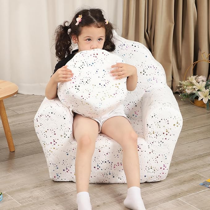Kids Sofa with Ottoman, Shell-Like Sofa for Boys and Girls, White with Shinny-NeatNest