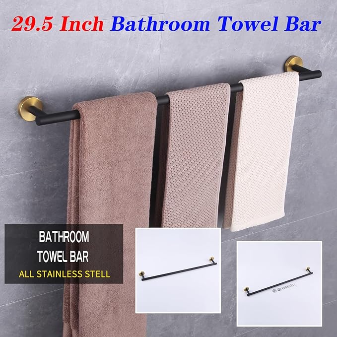 GERZWY Black & Gold Towel Bar, 30 Inch Stainless Steel Bathroom Wall Mounted Towel Rail, Hand Towel Holder AG1101C75-BD