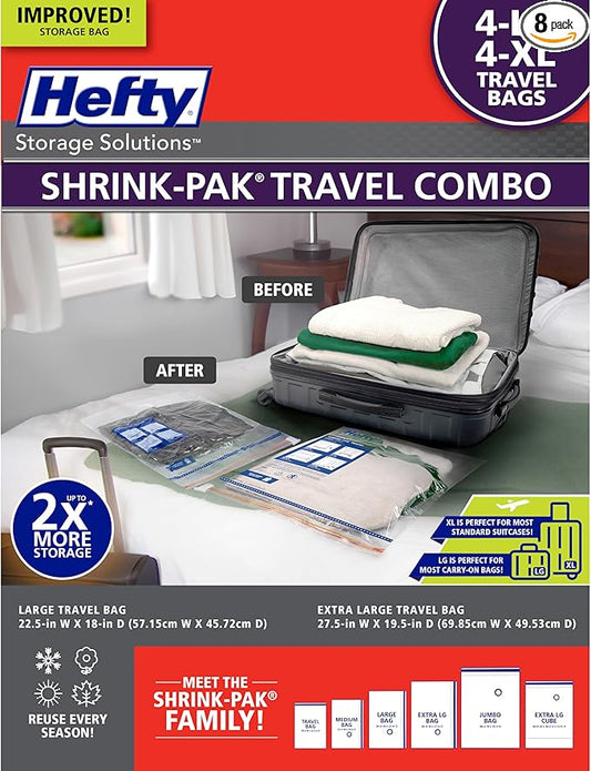 Hefty Shrink-Pak Travel Storage Bags – For Clothes, Pillows, Towels, Blankets & More – Space Saver Suction Sealer Bags for Luggage or Moving – 4 Large, 22.5x18 Inches, 4 XL, 27.5x 19.5 Inches