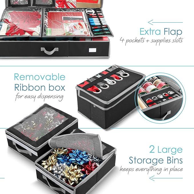 Hearth & Harbor Holiday Storage with Extra 2 PC of Christmas Storage Bins and Ribbon Storage Organizer - Fade Resistant Wrapping Paper Storage Containers with Wheels Fits Up to 30 Rolls of 40" Length-NeatNest