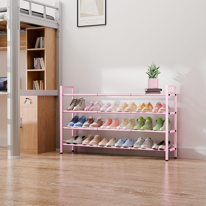 Bumusty 4-Tier Long Expandable Shoe Rack for Closet, 18"-44" Adjustable Shoe Rack for Entryway, 20-24Pairs Large Shoe Organizer Shelf Storage, Sturdy Metal, Black-NeatNest