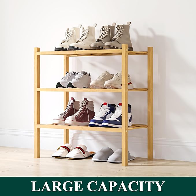 Smiry Shoe Rack, 3 Tier Small Bamboo Shoe Organizer, Stackable Free Standing Wooden Shoe Storage Shelf for Closet, Entryway, Front Door Entrance, Natural-NeatNest