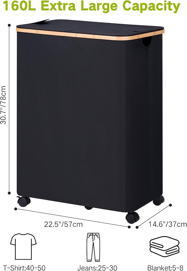 efluky Double Laundry Hamper with Wheels, Divided Laundry Hamper with Removable Bags, 2 Section Dirty Clothes Basket with Handles for Bathroom, Bedroom & Laundry Room, 160L Dark Black-NeatNest