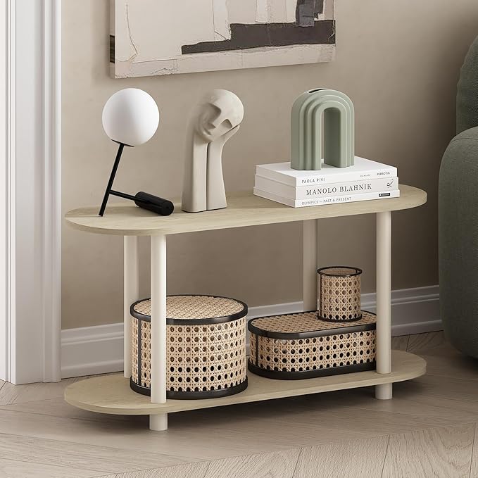 Furinno Turn-N-Tube No Tools Modern Oval Side Table, Bauhaus Oak/Beige-NeatNest